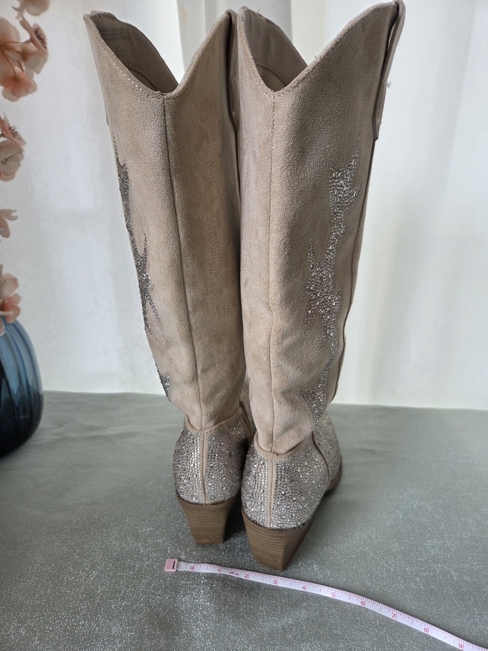 Crystal Embellished Taupe Tan Suede Knee-High Western Cow Girl Boots Madden NYC - Picture 5 of 16